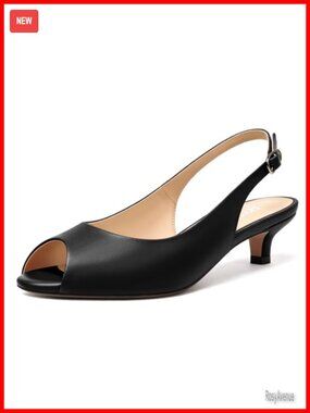Women's Peep Toe Slingback Kitten Heels Faux Leather Adjustable Buckle Pumps